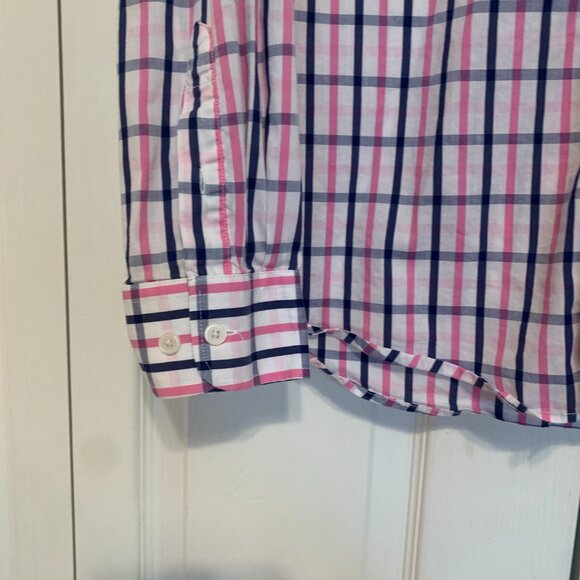 Men's Simply Southern Plaid Long Sleeve Button Up White Navy Pink Shirt XL - Picture 5 of 12